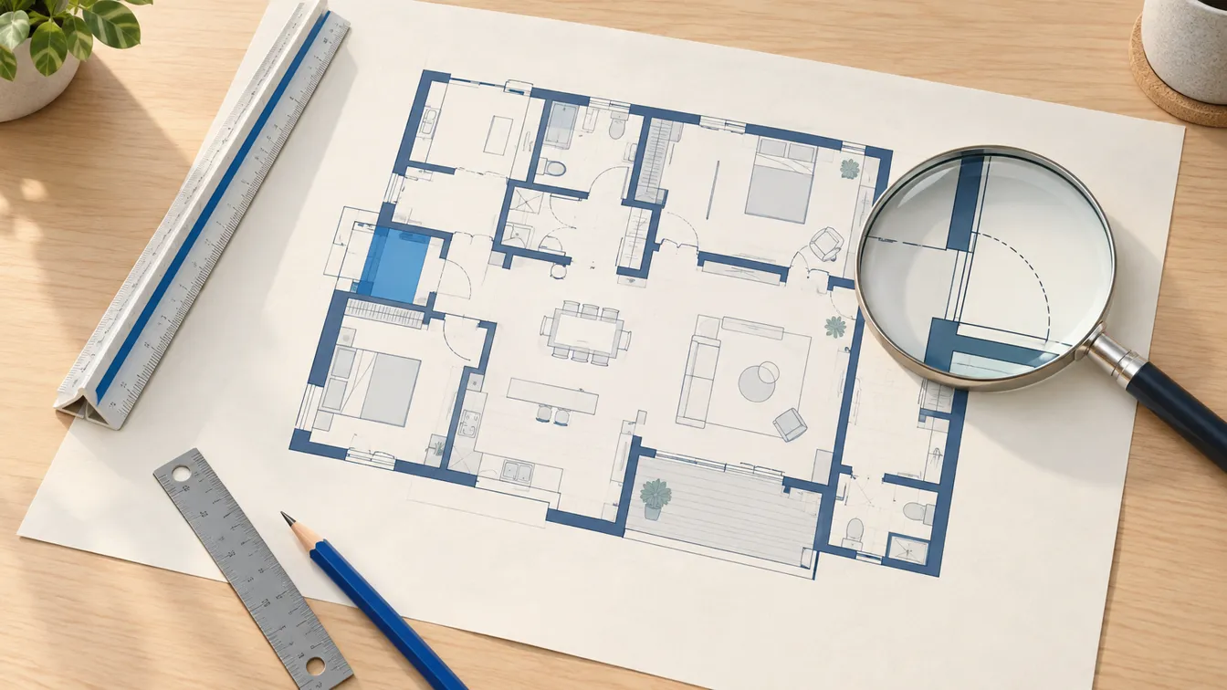 A printed floor plan on a desk with a magnifying glass over a door swing, a scale ruler and a pencil