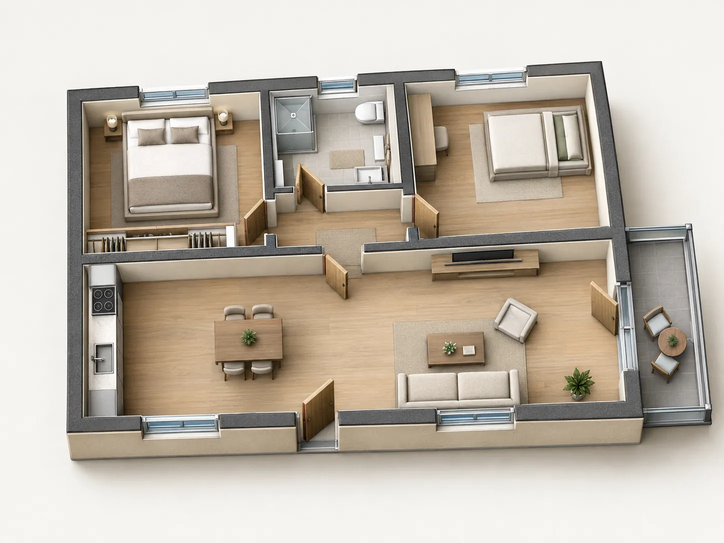3D isometric cutaway of the same two-bedroom apartment with furniture, timber floors and a balcony