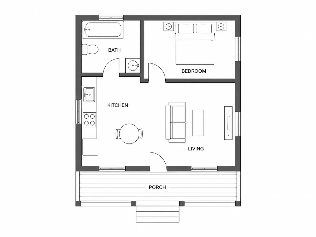 One-story cottage floor plan with one bedroom, one bathroom, an open kitchen and living room and a front porch