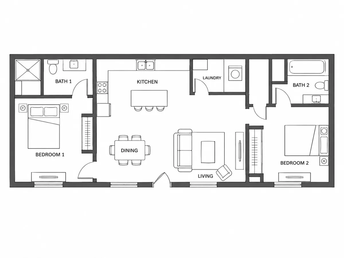 One-story split-bedroom floor plan with two bedrooms at opposite ends, two bathrooms, an open kitchen, dining and living room and a laundry room