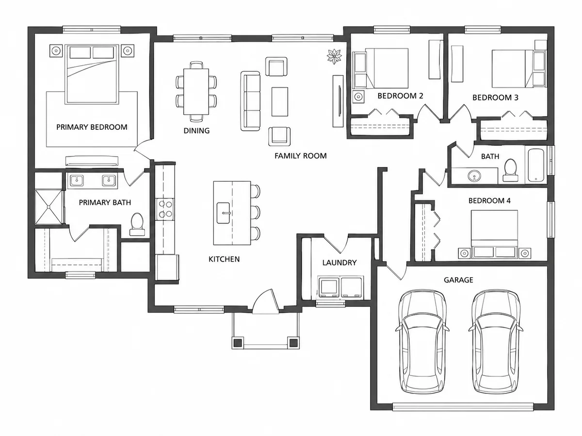 One-story four bedroom floor plan with a primary bedroom and bath, three more bedrooms around a shared bath, a kitchen, dining and family room, laundry and a two-car garage