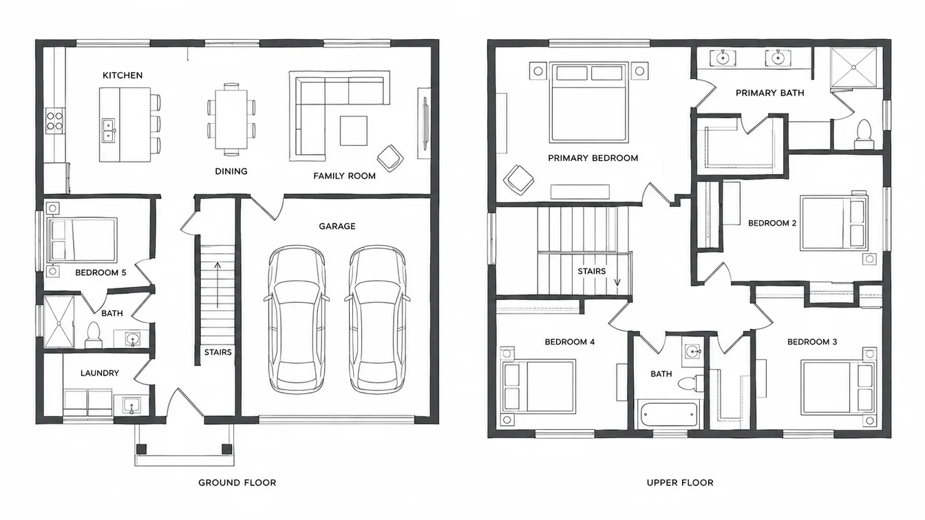 Ground and upper floor plans of a two-story house: kitchen, dining, family room, bedroom 5 with a bath, laundry, stairs and garage below; primary bedroom and bath, bedrooms 2 to 4 and a shared bath above