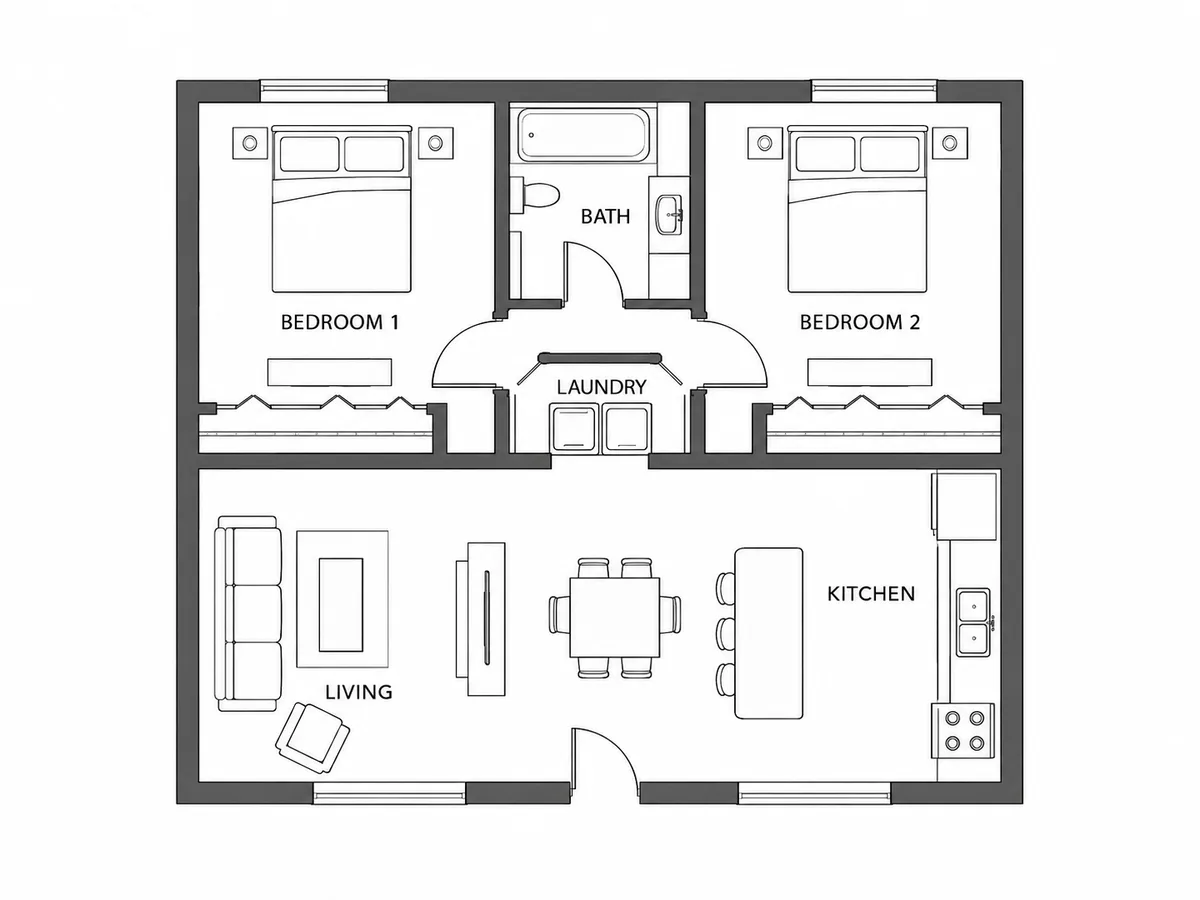 Compact one-story floor plan with two bedrooms either side of a shared bathroom, an open kitchen and living room and a laundry closet