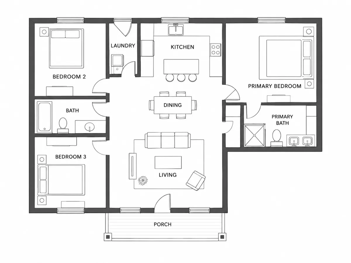 One-story ranch floor plan with a primary bedroom and bath, two bedrooms sharing a bath, an open kitchen, dining and living room, a laundry room and a front porch