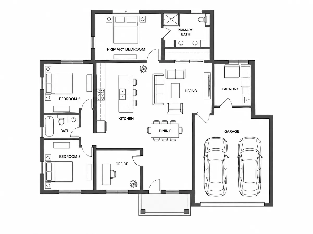One-story floor plan with a primary bedroom and bath, two bedrooms sharing a bath, an office, an open kitchen, dining and living room, laundry and a two-car garage