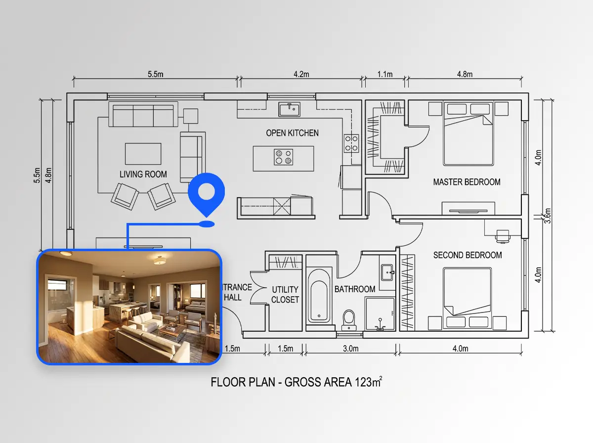 2D floor plan with a pinned 3D-style view of the living room