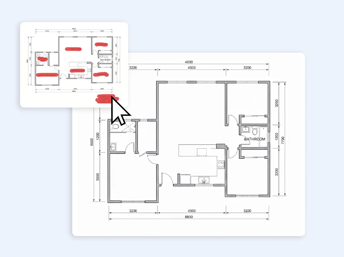 Rough annotated plan next to a clean redrawn 2D floor plan with dimensions