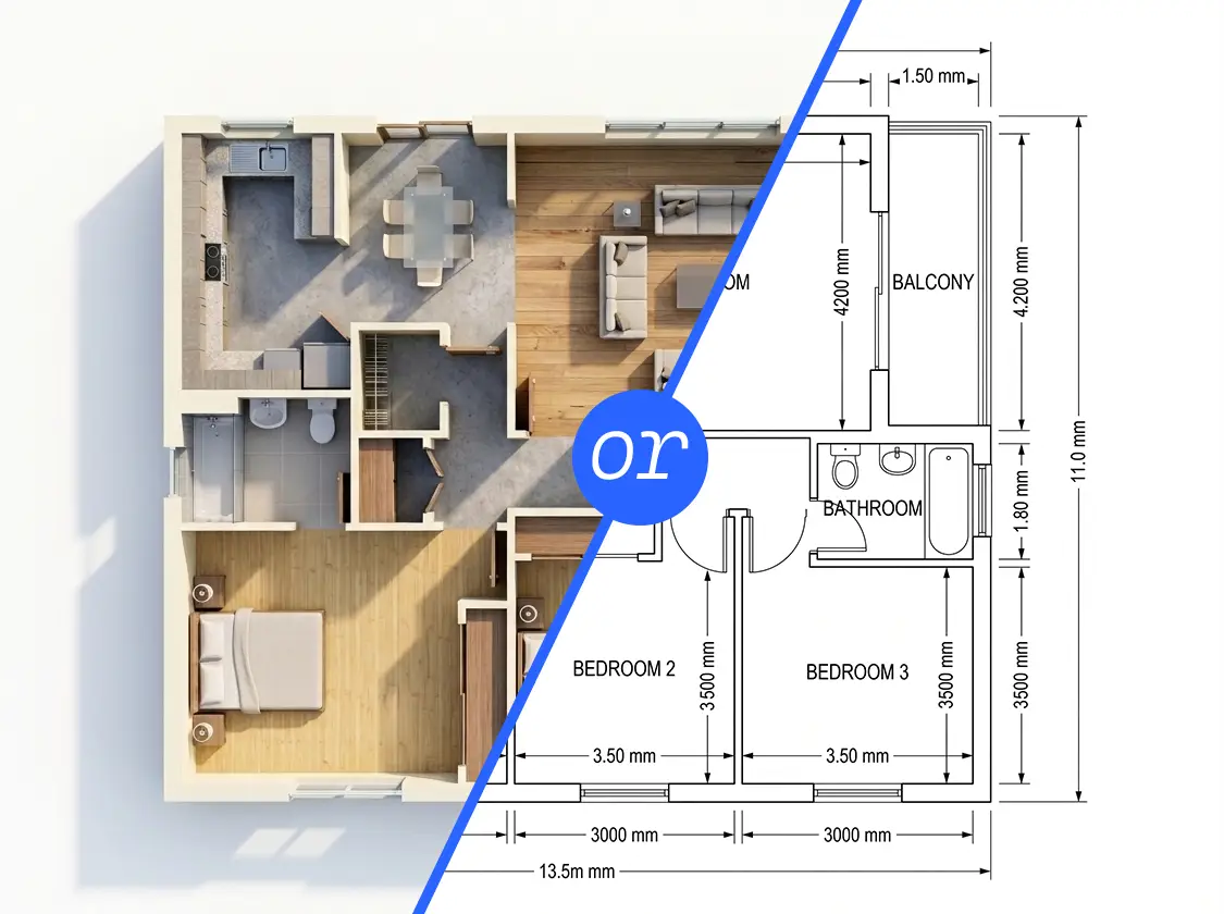 The same apartment layout as a 3D-style render and a 2D technical drawing