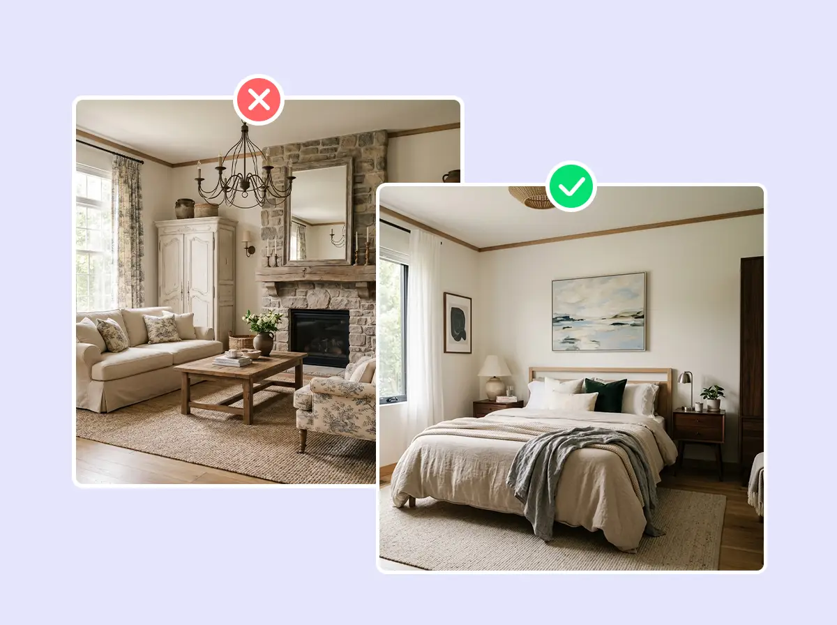 Two AI-generated room designs compared side by side, one rejected and one approved