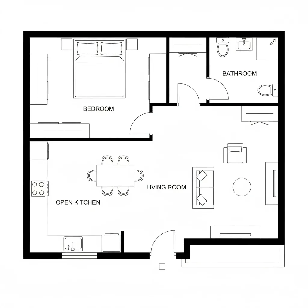 One bedroom floor plan with a queen bed, bathroom, open kitchen with a six-seat table and a living room