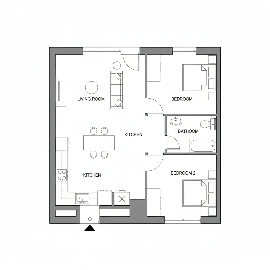 Two bedroom floor plan with a living room, L-shaped kitchen with a four-seat table, and two bedrooms either side of a bathroom
