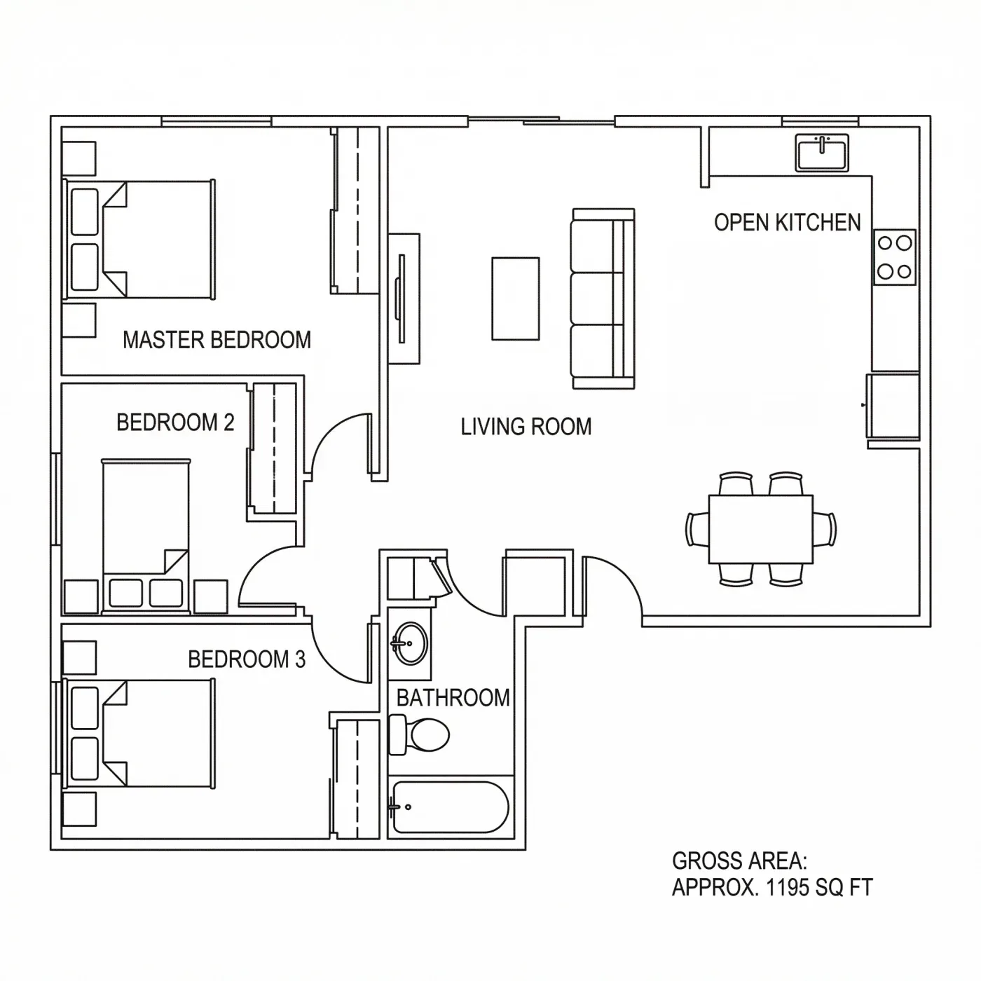 Three bedroom floor plan marked approx. 1195 sq ft, with three bedrooms and one bathroom off a short hall, a living room and an open kitchen
