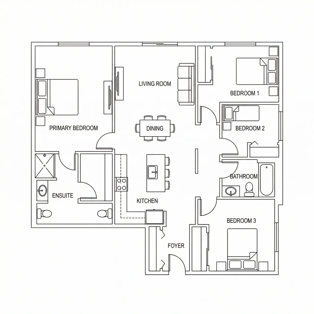 Four bedroom floor plan with a primary bedroom, ensuite and walk-in closet on one side, three bedrooms and a bathroom on the other, and an island kitchen