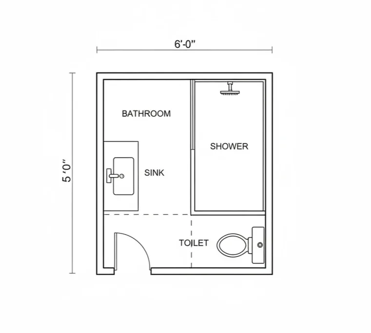 Bathroom plan of 6 by 5 ft with a shower stall, a vanity sink and a toilet, and the door in one corner