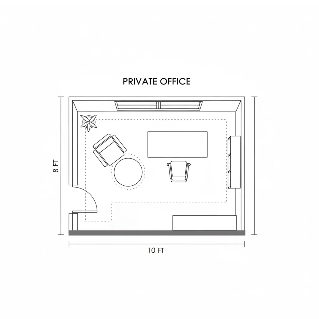 Private office plan of 10 by 8 ft with a desk and chair facing the window, an armchair with a round side table, wall shelving, a low cabinet and the door in one corner