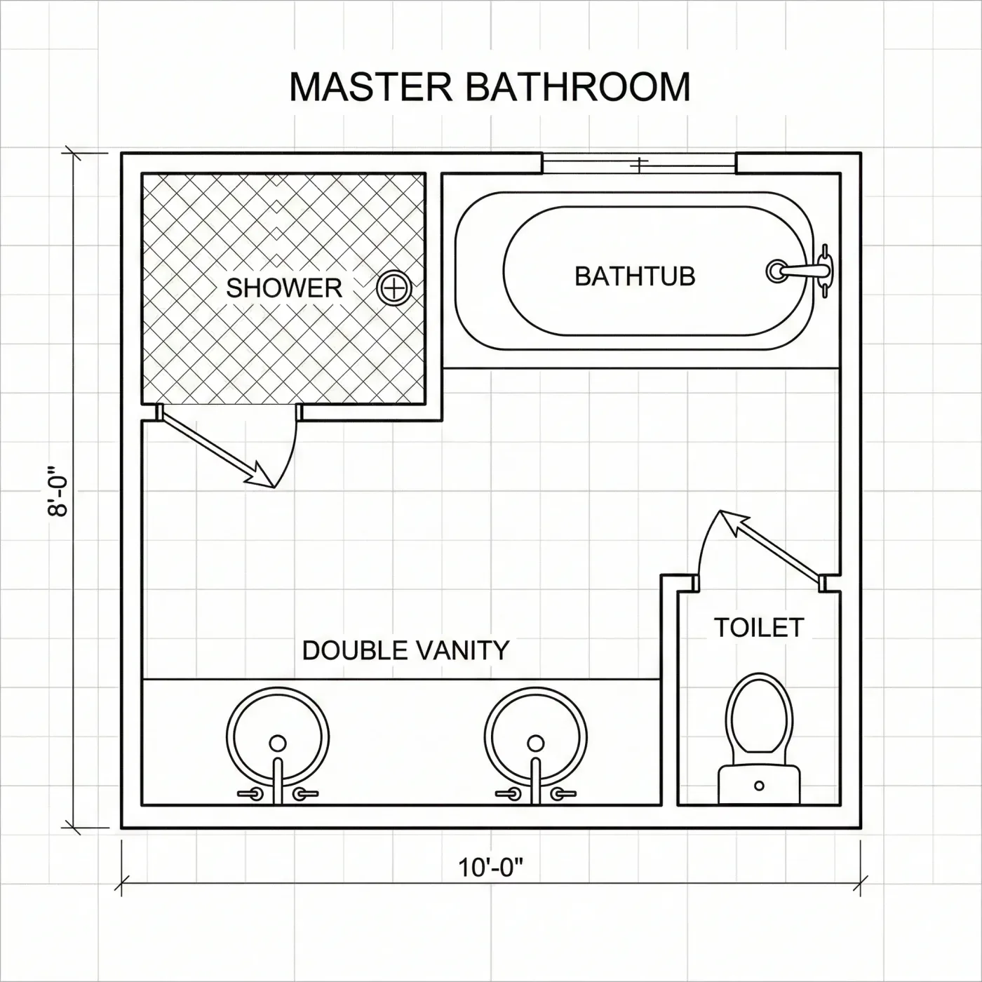 Master bathroom plan of 10 by 8 ft with a shower, a bathtub under the window, a double vanity and an enclosed toilet
