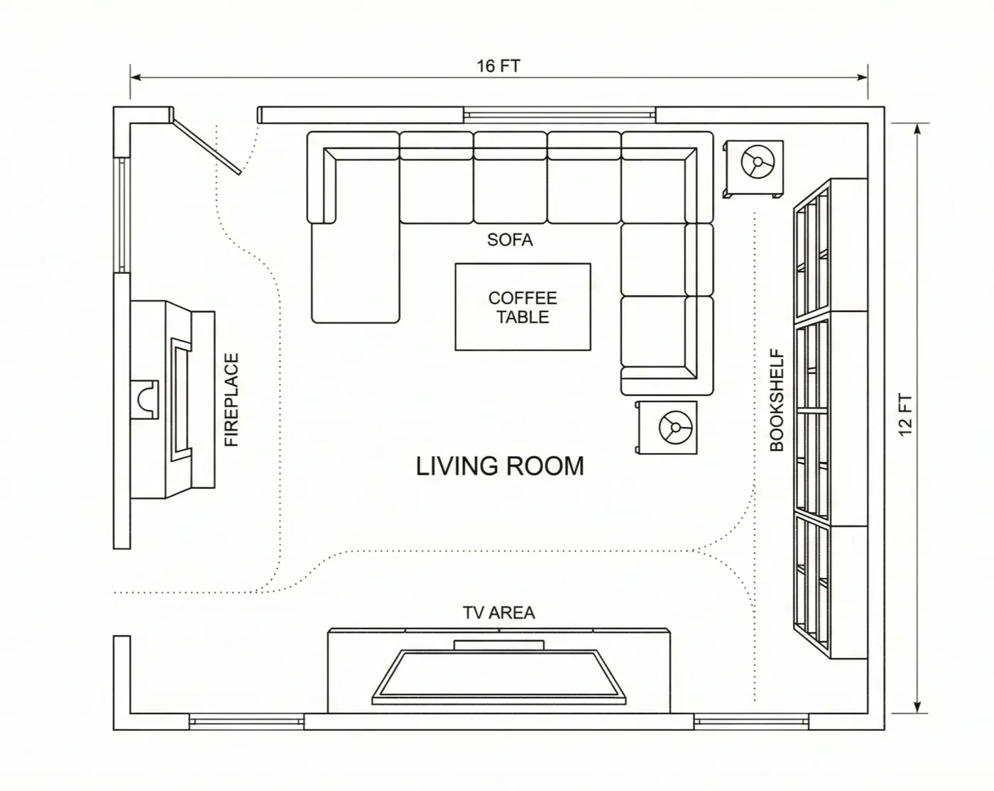 Living room plan of 16 by 12 ft with a U-shaped sectional around a coffee table, side tables, a fireplace wall, a bookshelf wall, a TV area and a dotted walking path