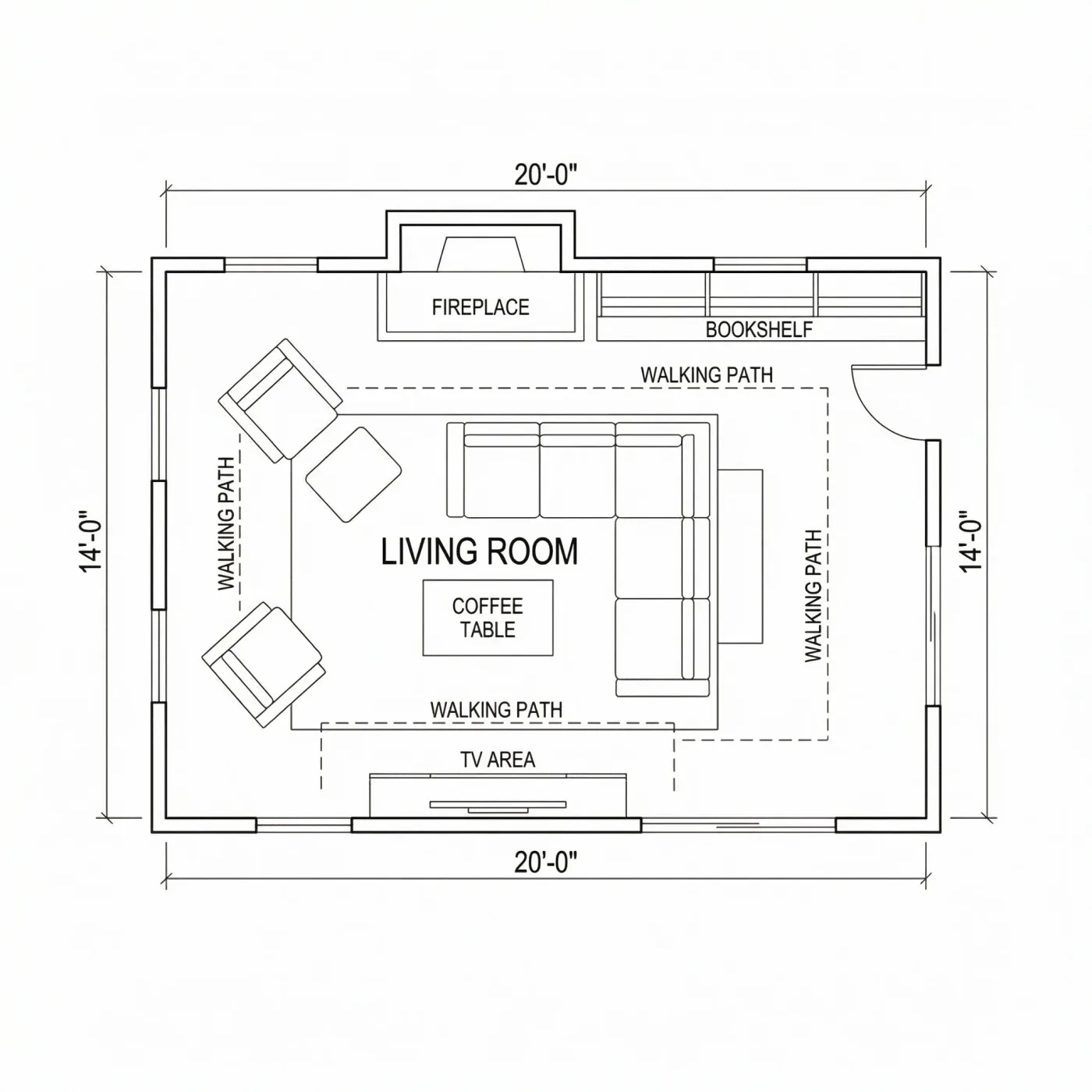 Living room plan of 20 by 14 ft with walking paths dashed around the seating, fireplace and TV area