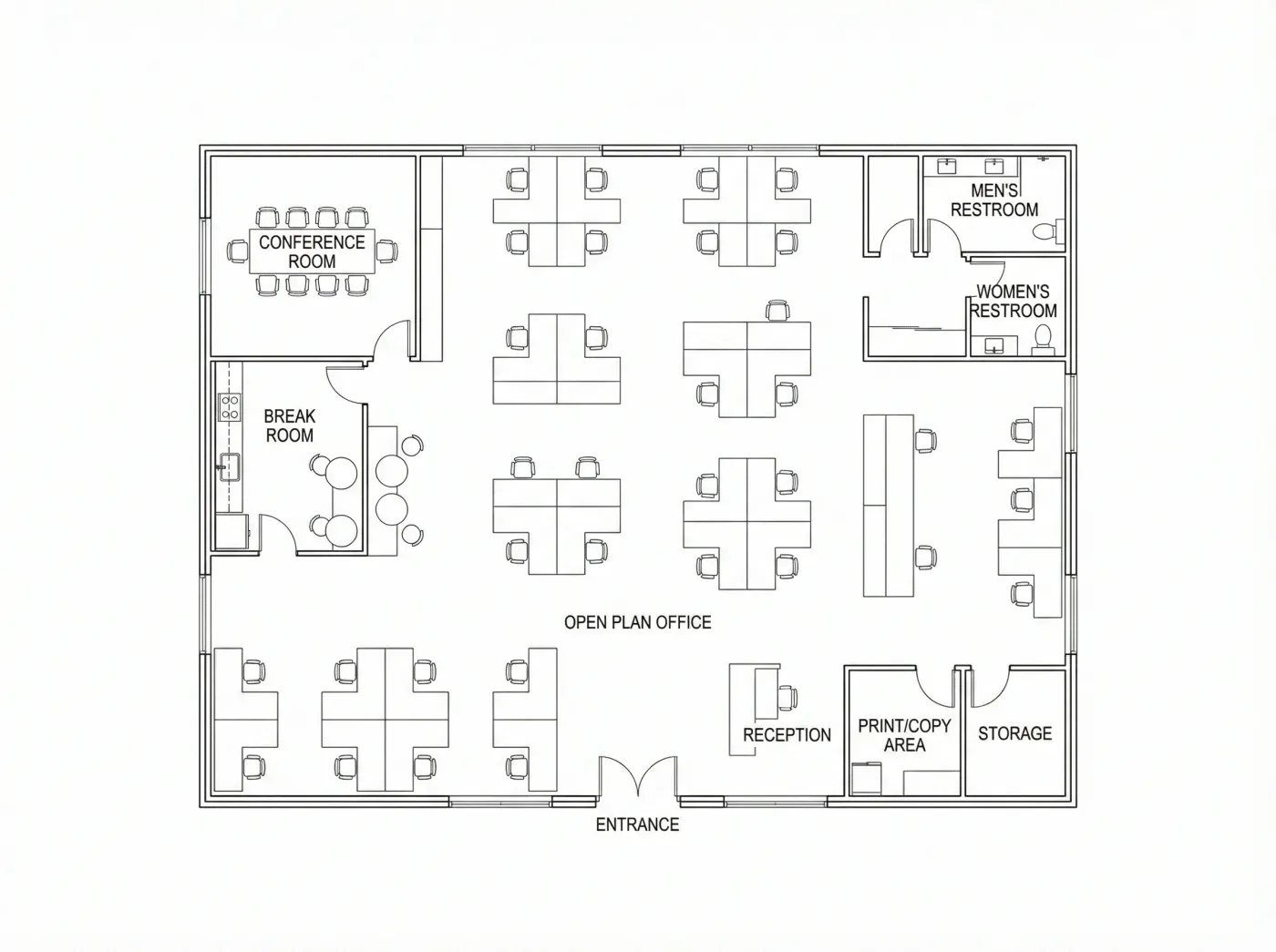 Open plan office drawing with desk pods for about 36 people, a ten-seat conference room, a break room, reception, a print and copy area, storage and two restrooms