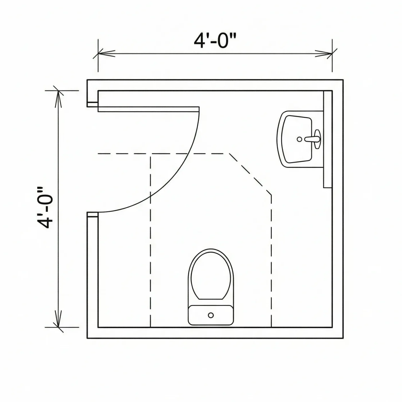 Small bathroom plan of 4 by 4 ft with a toilet, a wall-hung basin, an inward-swinging door and a dashed clear floor zone