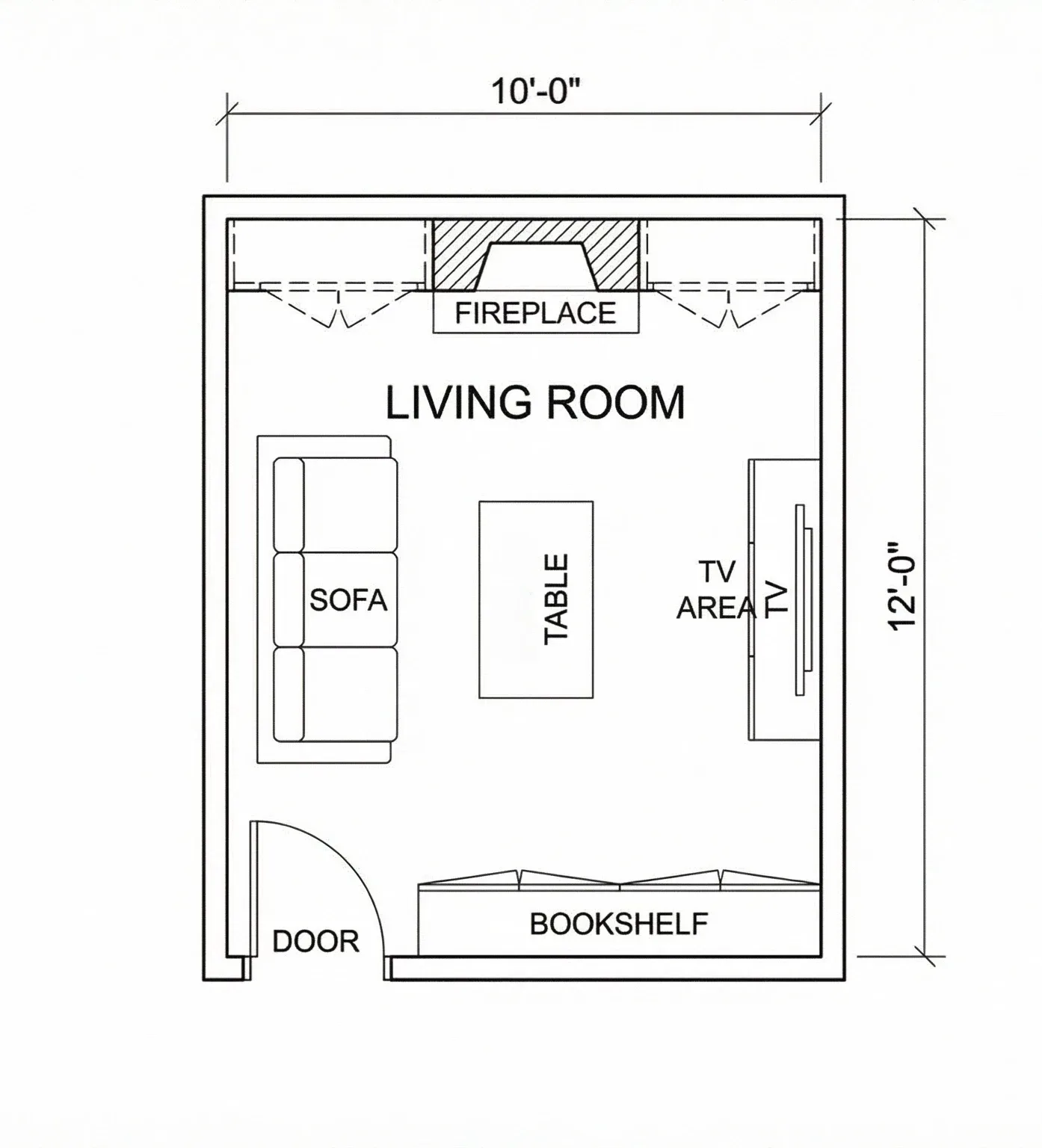 Living room plan of 10 by 12 ft with a fireplace and built-in cabinets on one wall, a sofa facing a TV area, a coffee table and a bookshelf beside the door