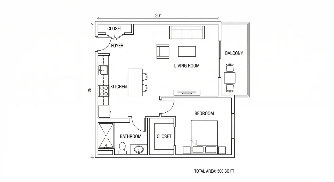 Studio apartment plan of 20 by 25 ft marked 500 sq ft, with a foyer closet, kitchen with island, living room, bedroom, walk-in closet, bathroom and balcony