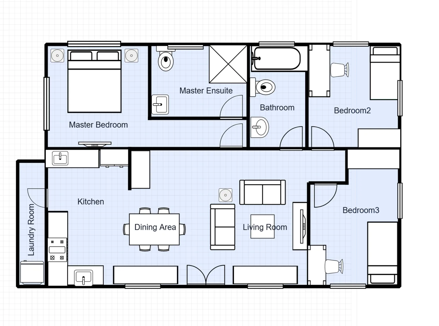 3 Bedroom House with Master Ensuite floor plan template preview