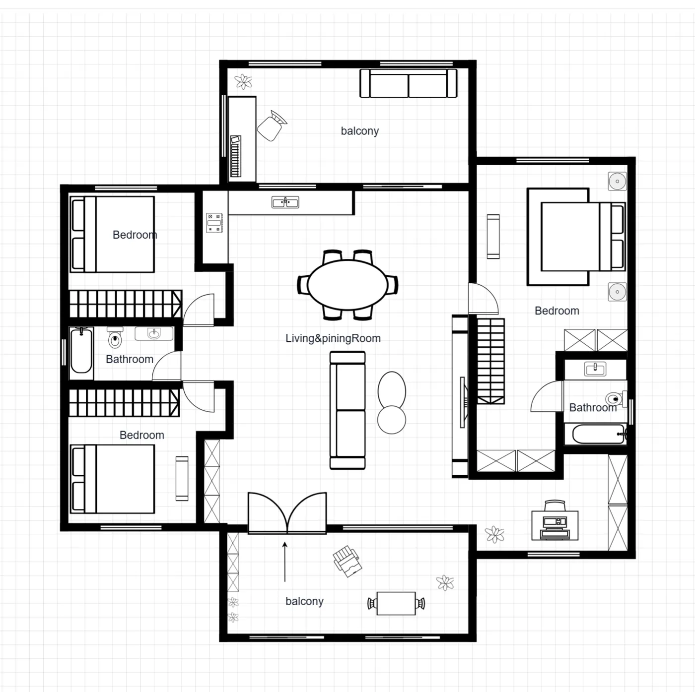 House Floor Plan with Dual Balcony floor plan template preview