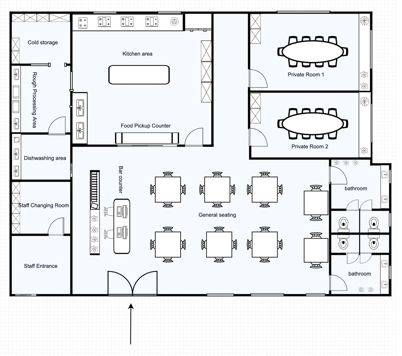 Restaurant Floor Plan with Private Rooms floor plan template preview