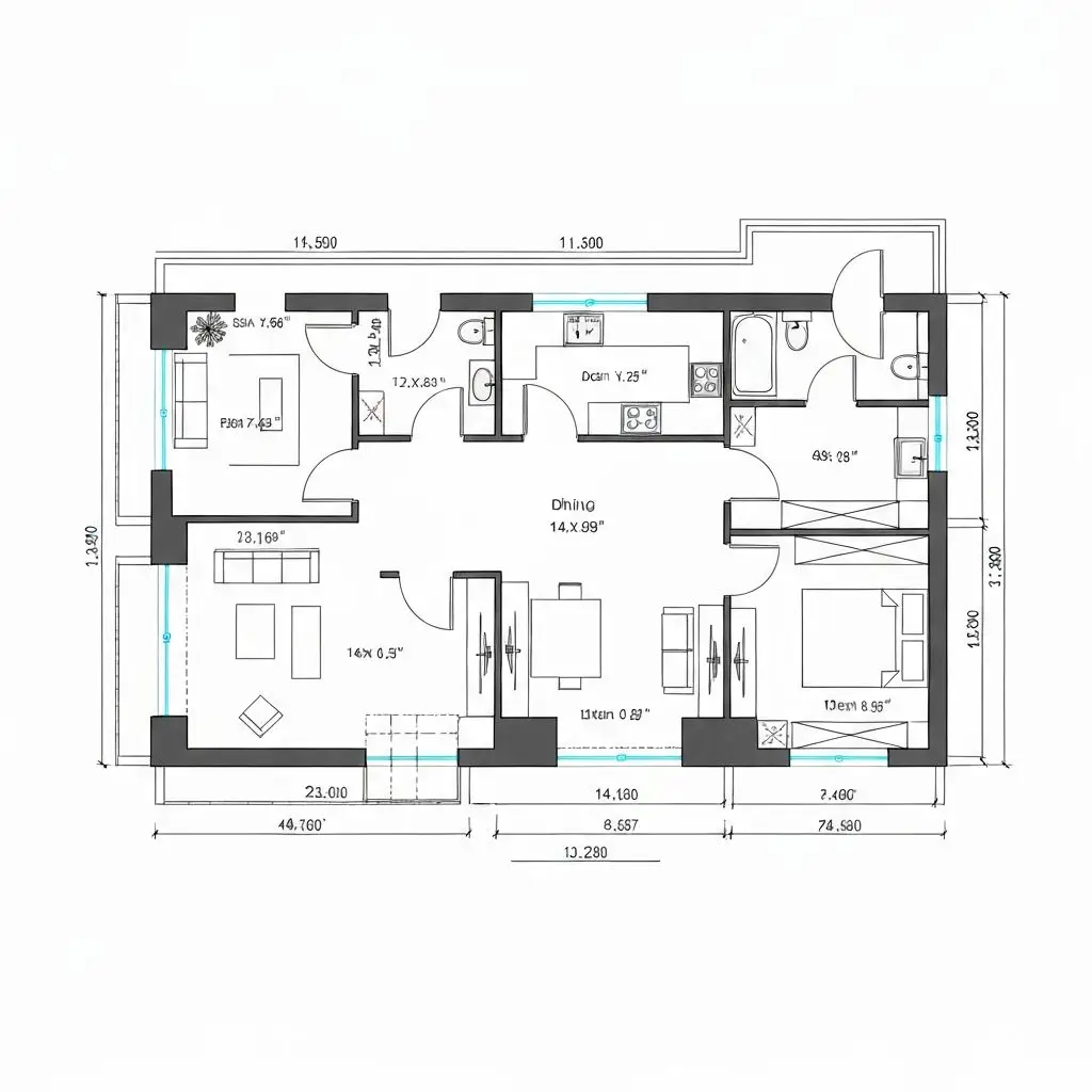 Floor plan in black drafting line work on white, with cyan window lines and measurement annotations along every side