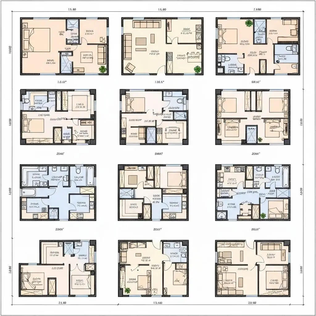 Several room configurations of the same footprint shown together