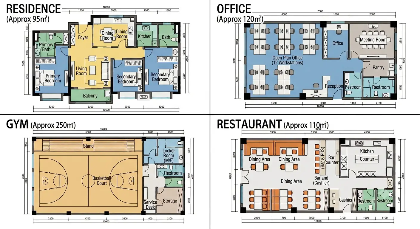 House, apartment and office plans shown side by side