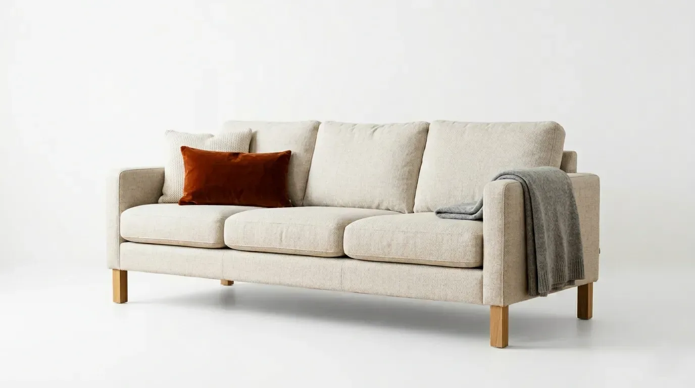 Product photo of a three-seat fabric sofa on a white background
