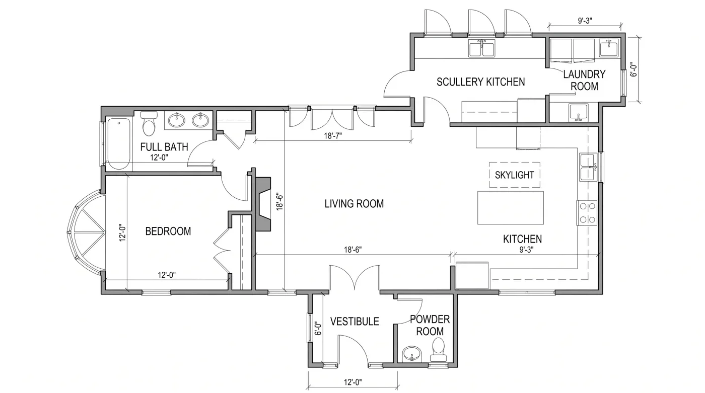 Black-and-white house plan with a kitchen, scullery kitchen, laundry, full bath and powder room
