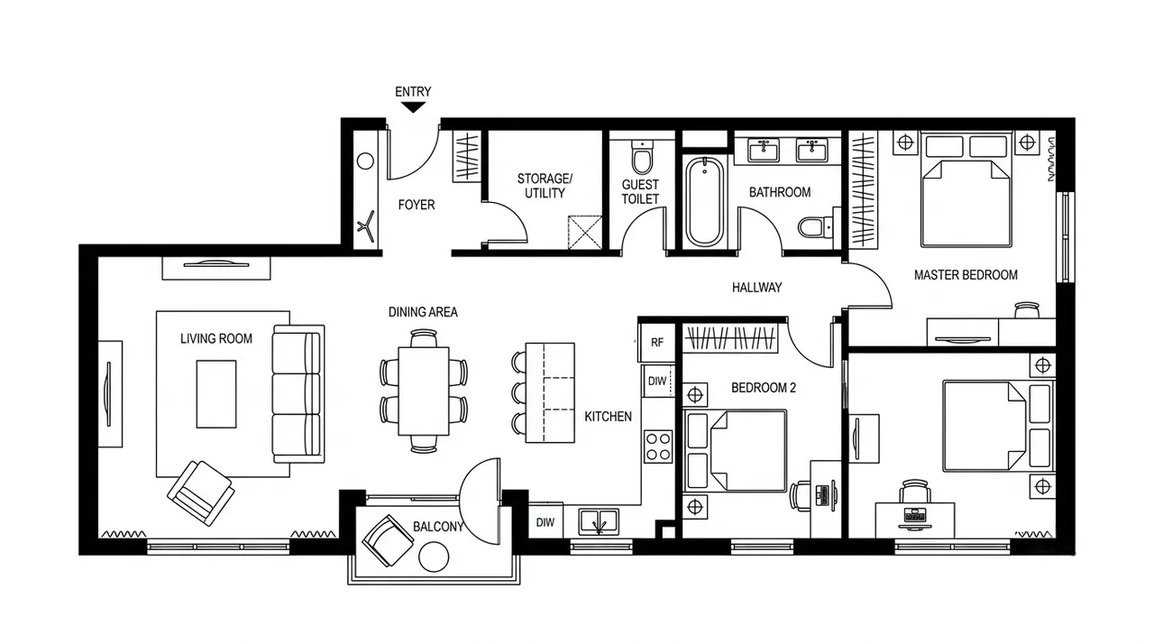 Black-and-white plan of a two-bedroom apartment with a balcony, foyer and guest toilet