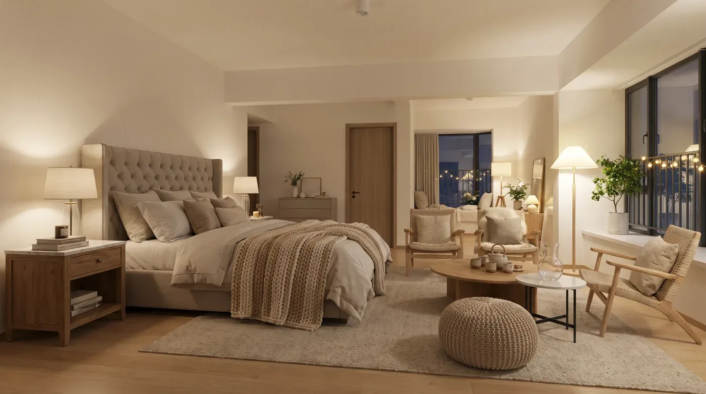Evening render of a bedroom suite with a tufted bed and a seating corner by the window