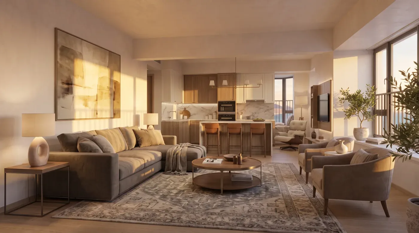 Photorealistic interior render of a furnished room