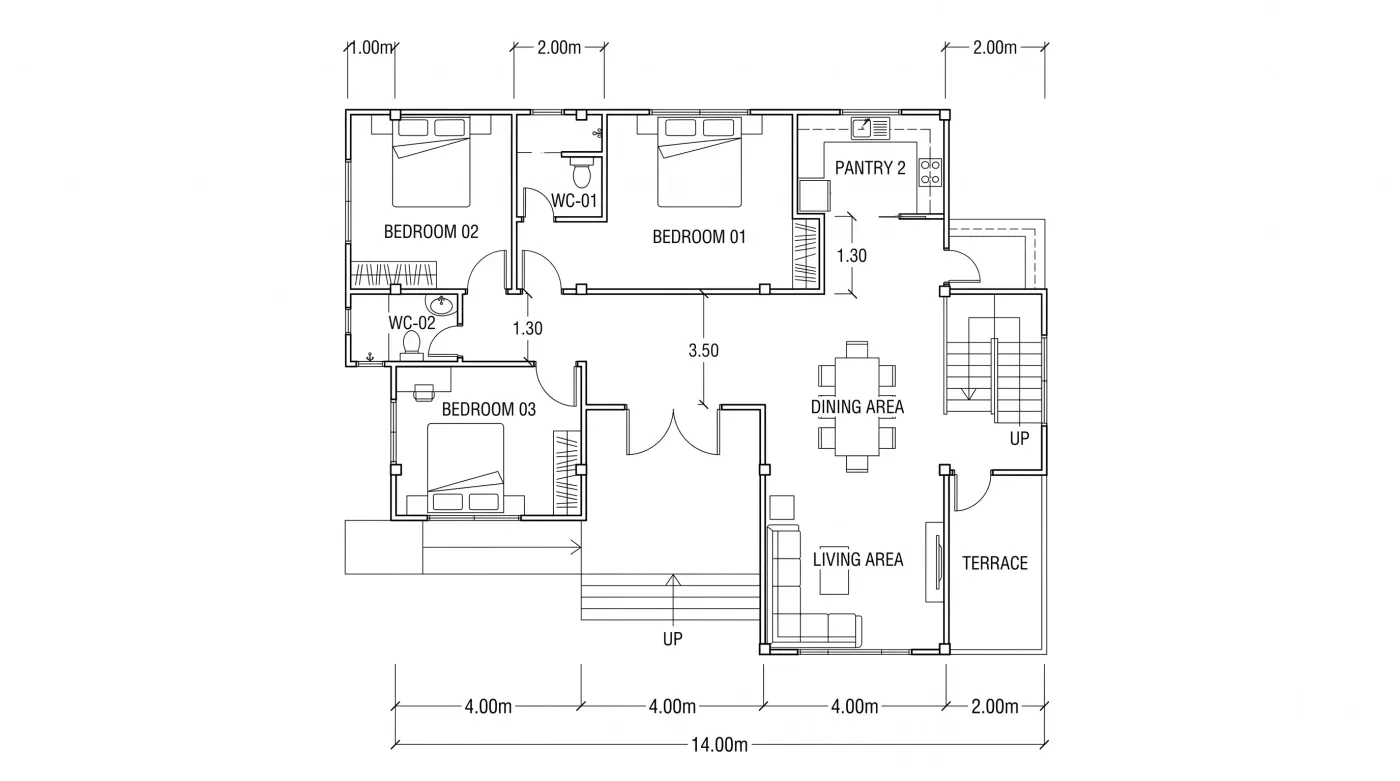 Black-and-white three-bedroom floor plan with a pantry, terrace and dimensions in metres