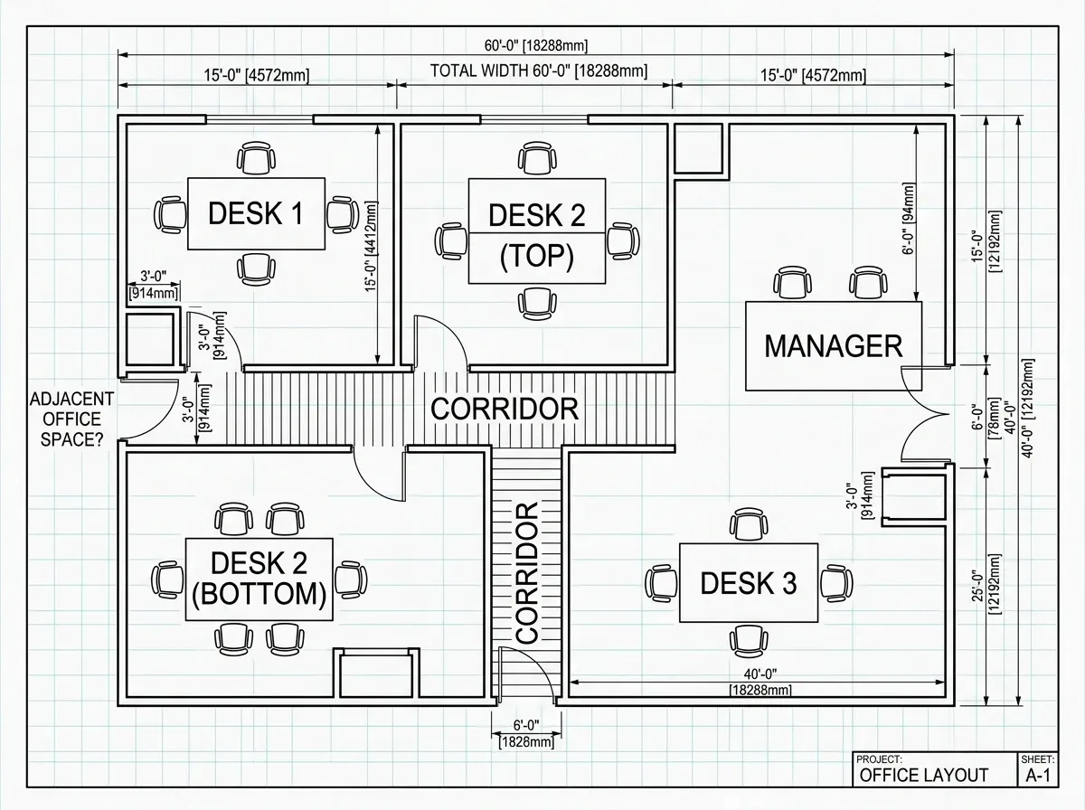 Clean 2D office floor plan redrawn from the sketch, with walls, doors and dimension lines
