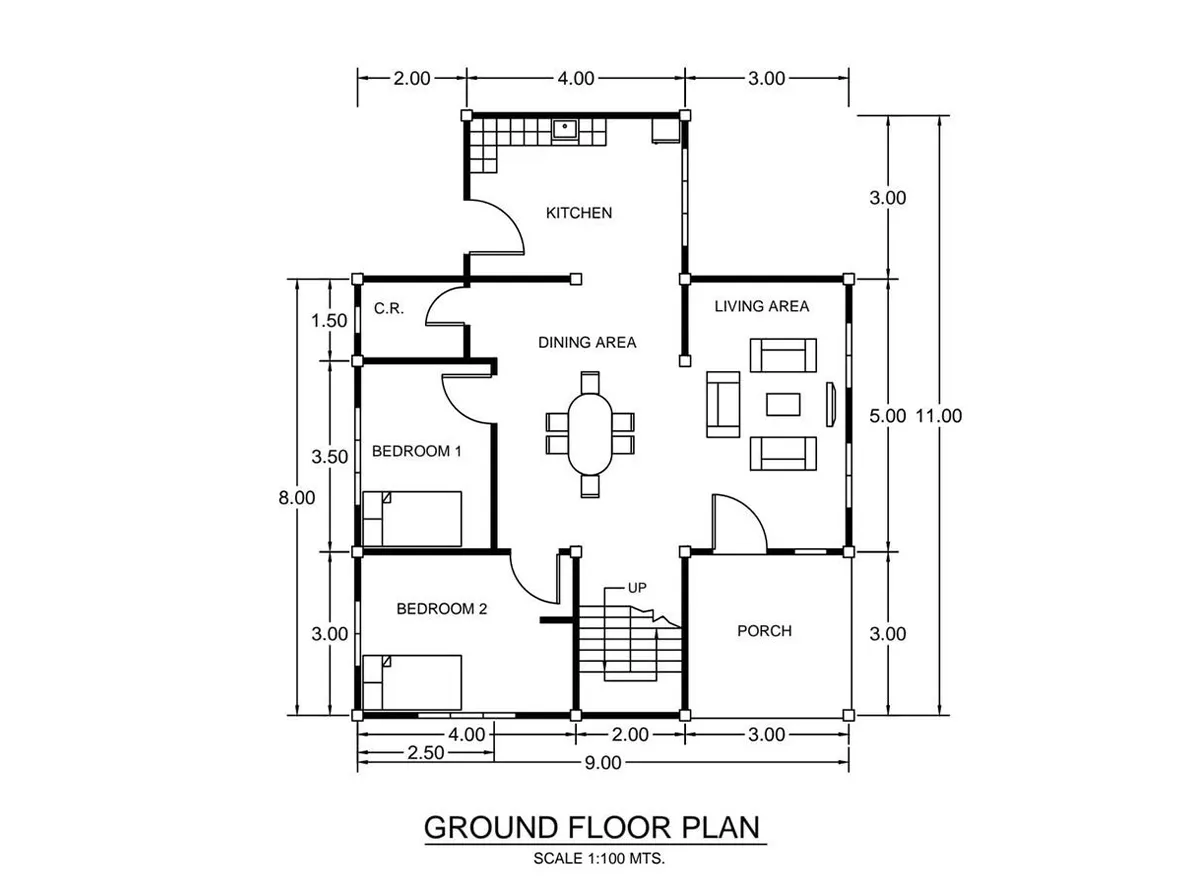 Black-and-white ground floor plan with two bedrooms and dimension lines in metres
