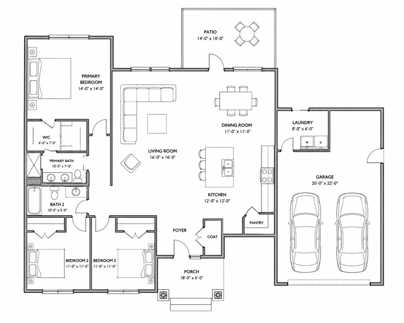 Black-and-white plan of a three-bedroom house with a two-car garage, room sizes in feet