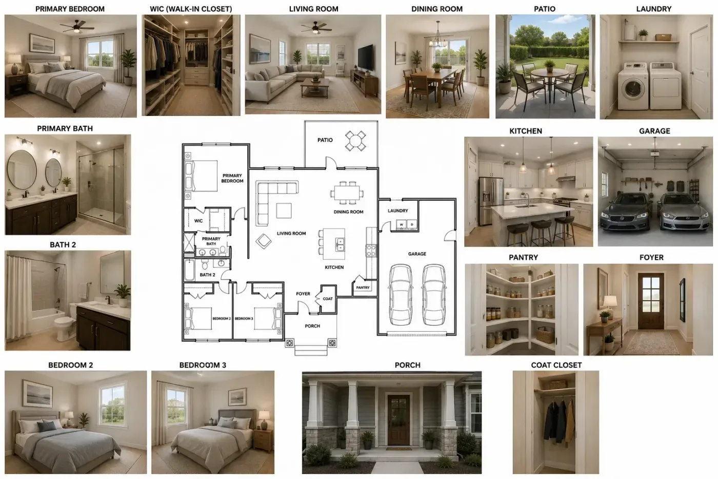 A 2D plan surrounded by furnished views of each of its rooms, room by room