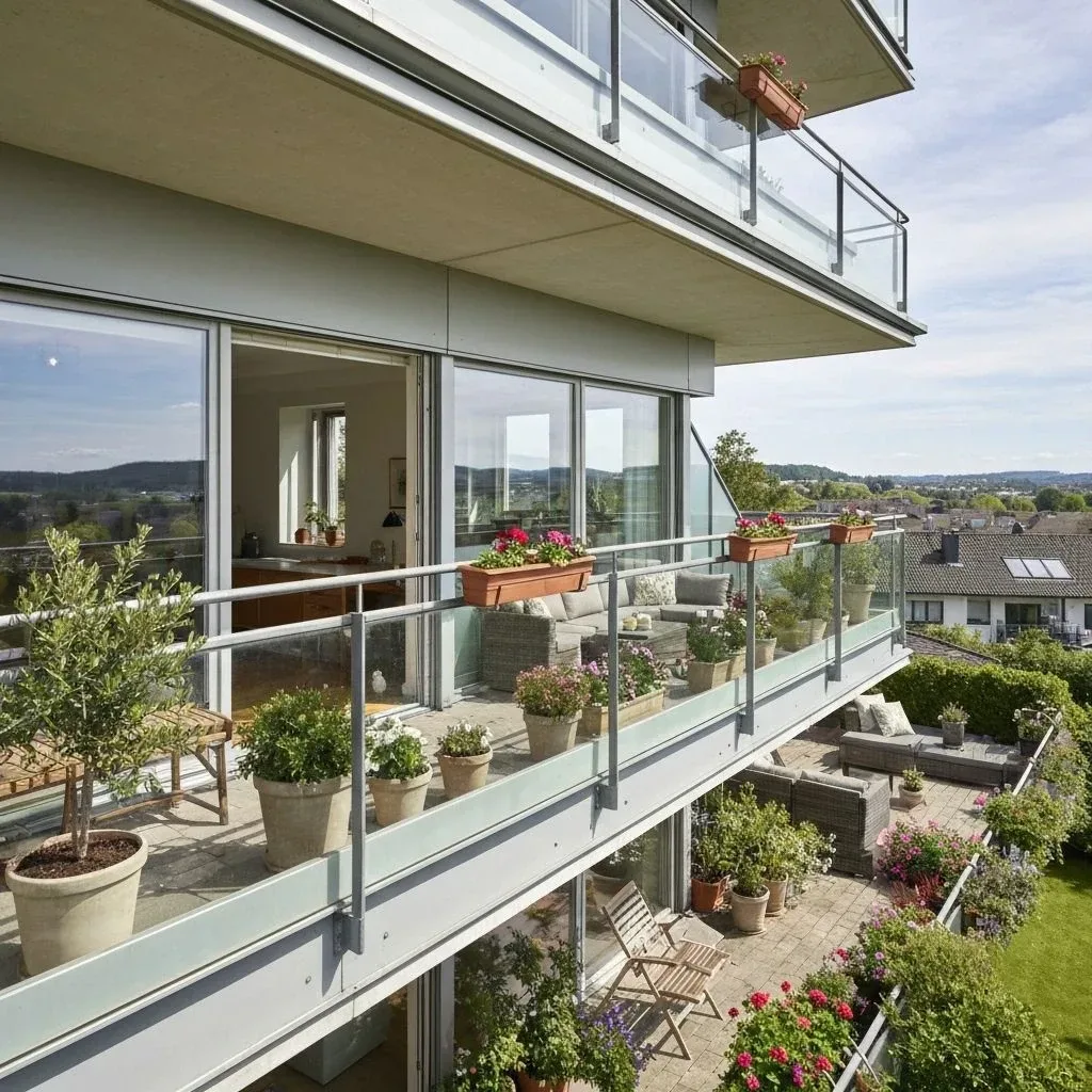 Apartment building with glass balconies and a planted terrace