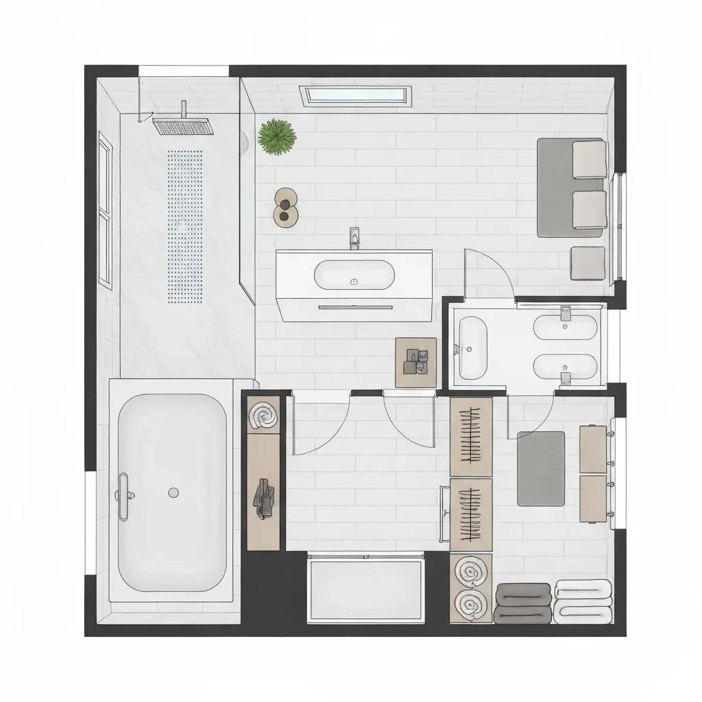 Bathroom plan with a shower, bathtub and storage in one room