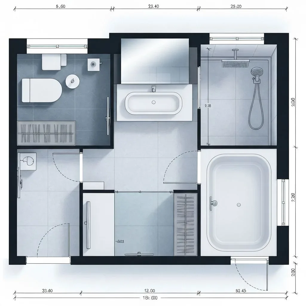 Bathroom plan with the basin, WC, bath and shower drawn and labelled