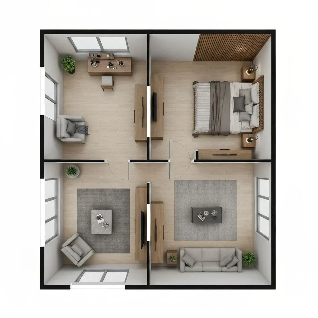 Bedroom plan with the bed and furniture drawn in