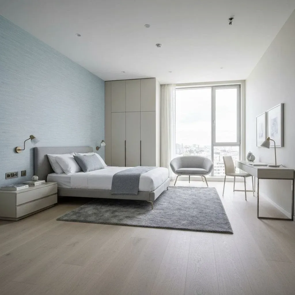 Bedroom with a grey upholstered bed, a tall wardrobe, a desk and an armchair by the window