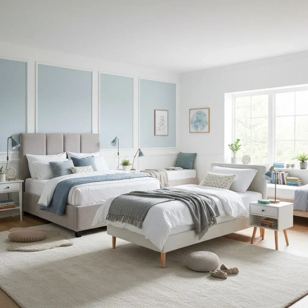 Bright bedroom with a double bed and a single bed on a large rug
