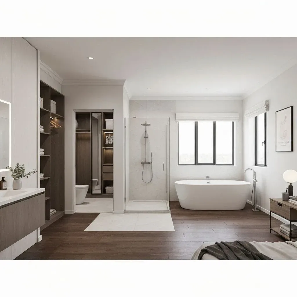 Ensuite with a freestanding bath, a glass shower and a walk-in wardrobe through a doorway