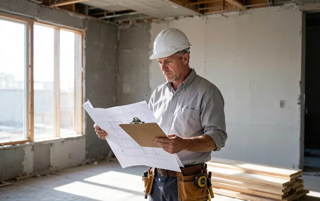 Contractor in a hard hat reading a printed floor plan in an unfinished room